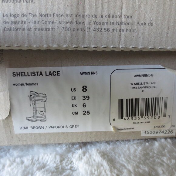 The North Face Shellista Lace Tall Winter Boots Faux Fur Top Brown & White 8 M - Picture 14 of 16